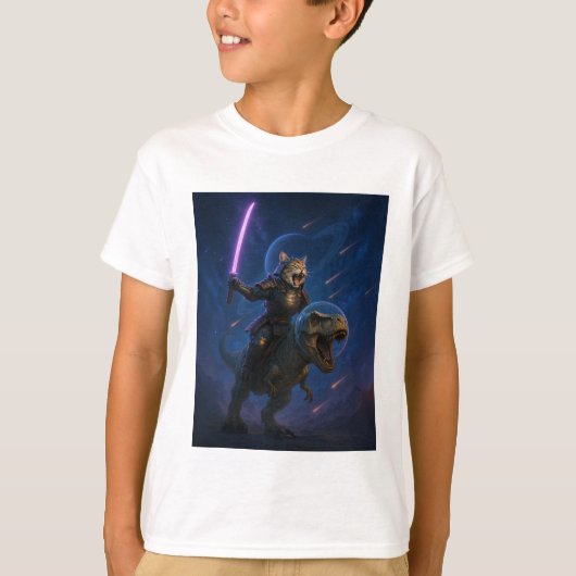 Galactische Samurai Kat op T Rex T-shirt (Voorkant)