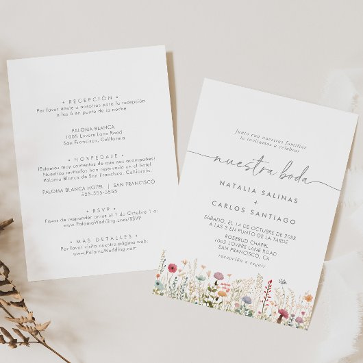 Galant Wildflower Voor & Achter Nuestra Boda Kaart