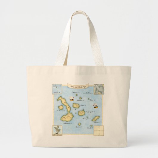 Galapagos Archipel Map met Zeilschepen en A Grote Tote Bag (Voorkant)