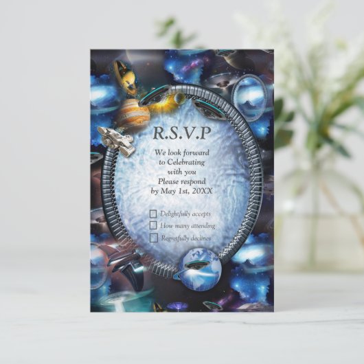 Galaxiale bezoekers in de ruimte RSVP kaartje (Staand voorkant)