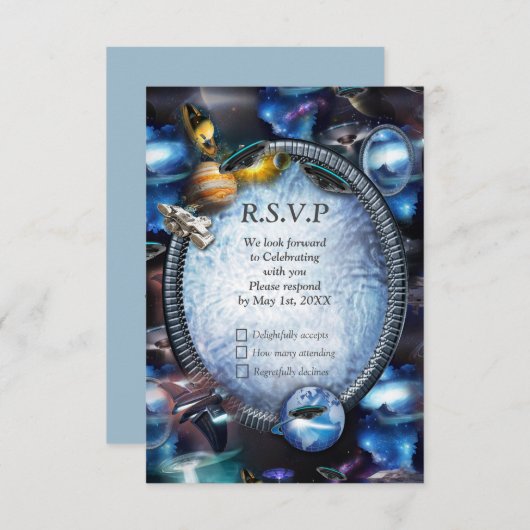 Galaxiale bezoekers in de ruimte RSVP kaartje (Voorkant / Achterkant)