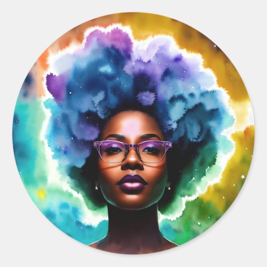Galaxy Afro zwarte vrouw in bril Ronde Sticker (Voorkant)