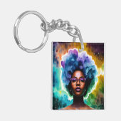 Galaxy Afro zwarte vrouw in bril Sleutelhanger (Voorkant Links)