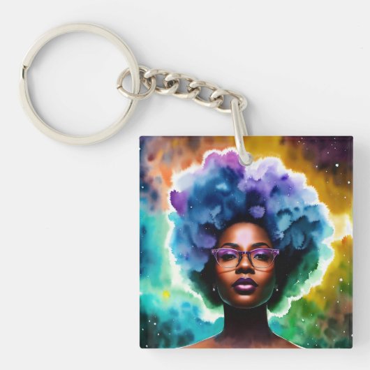 Galaxy Afro zwarte vrouw in bril Sleutelhanger (Voorkant)