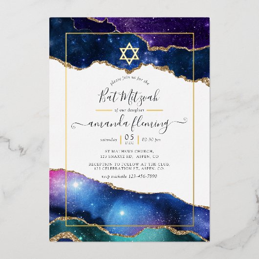 Galaxy Agate Bat Mitzvah Folie Uitnodiging (Voorkant)