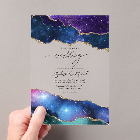 Galaxy Agate Nep Glitter Luxe Hemelbruiloft Acryl Uitnodigingen (Insitu (Draagbaar))