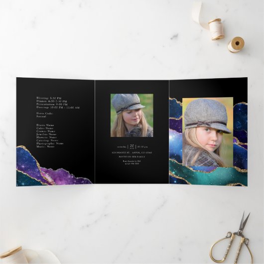 Galaxy Agate Quinceañera Foto Drieluik Uitnodiging (Binnen)