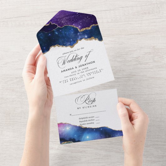 Galaxy Agate Stone Wedding All In One Uitnodiging (Afscheurbaar)