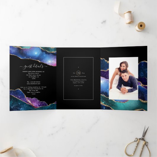 Galaxy Agate Wedding Photo Tri-Fold Invitation Drieluik Uitnodiging (Binnen)