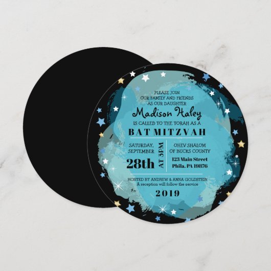 GALAXY Aqua Gold Stars Bar Bat Mitzvah Uitnodiging (Voorkant / Achterkant)