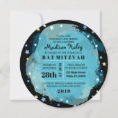 GALAXY Aqua Gold Stars Bar Bat Mitzvah Uitnodiging (Voorkant)