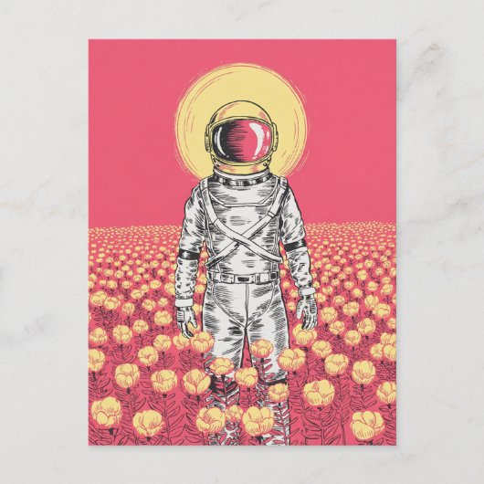 Galaxy Astronaut Space Explorer bloemenveld Briefkaart (Voorkant)