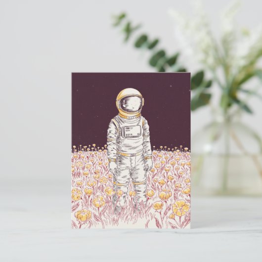 Galaxy Astronaut Space Explorer bloemenveld Briefkaart (Staand voorkant)