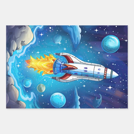 Galaxy Astronaut Space Shuttle Rocketship Verjaard Inpakpapier Vel (Voorkant 2)