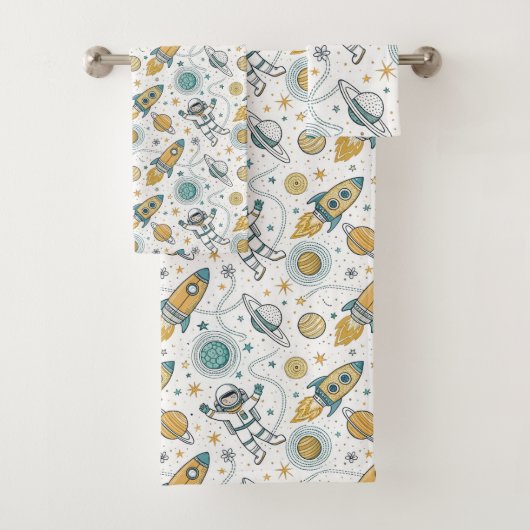 Galaxy Bath Towel Rockets & Planets in Soft Hues Bad Handdoek (Insitu)