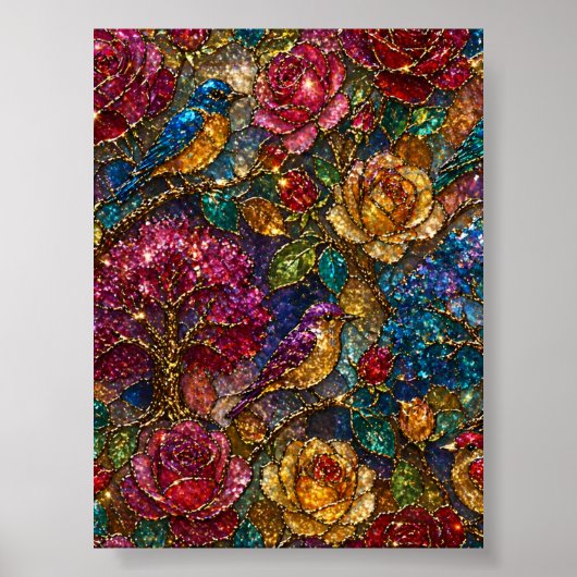 Galaxy Bloem Vogels Patroon Poster (Voorkant)