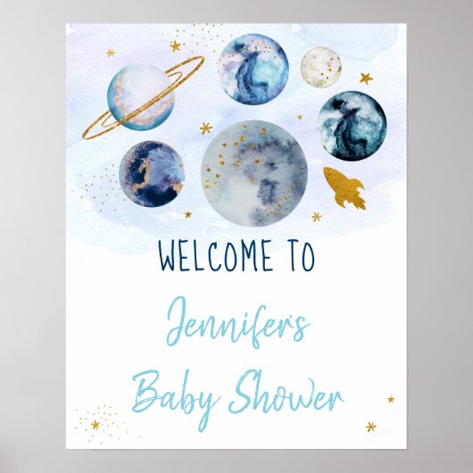 Galaxy Blue Gold Buitenspace Baby shower Welkom Poster (Voorkant)