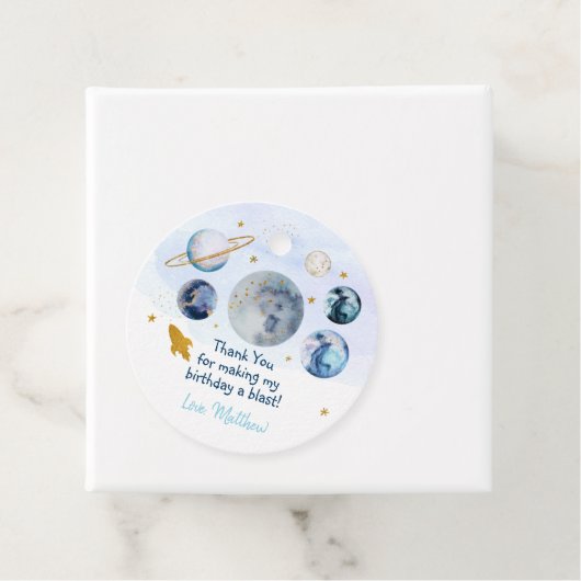 Galaxy Blue Gold Buitenspace Birthday Bedankjes Labels (In situ)