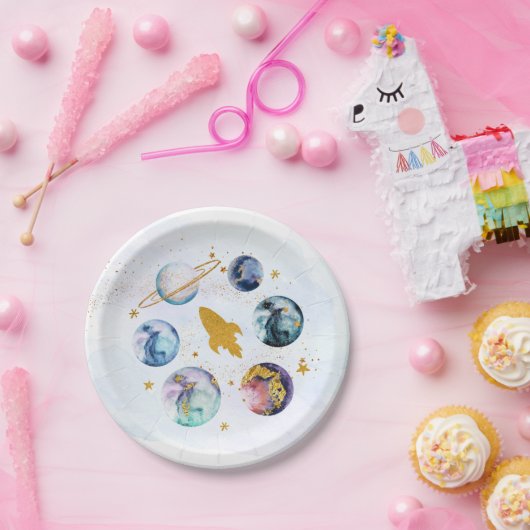 Galaxy Blue Gold Buitenspace Birthday Papieren Bordje (Feest)