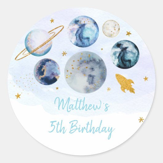 Galaxy Blue Gold Buitenspace Birthday Ronde Sticker (Voorkant)