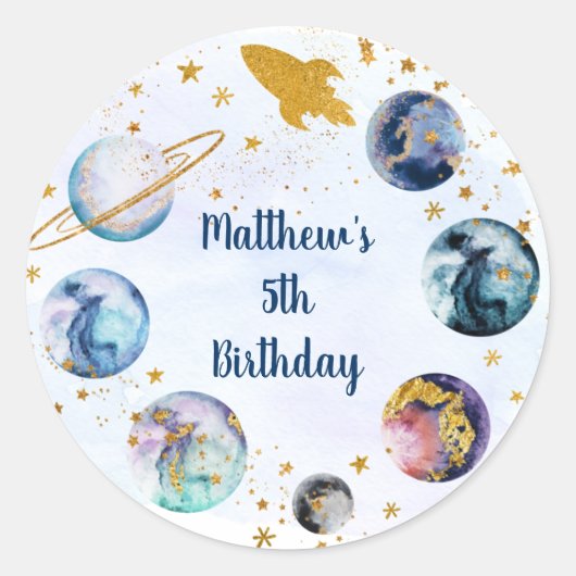 Galaxy Blue Gold Buitenspace Birthday Ronde Sticker (Voorkant)