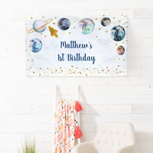 Galaxy Blue Gold Buitenspace Birthday Spandoek (Insitu)