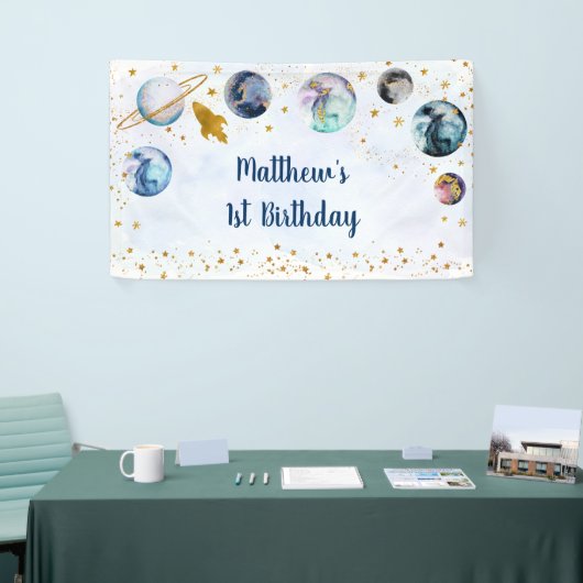 Galaxy Blue Gold Buitenspace Birthday Spandoek (Beurs)