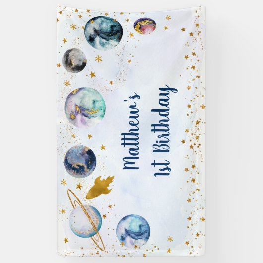 Galaxy Blue Gold Buitenspace Birthday Spandoek (Verticaal)
