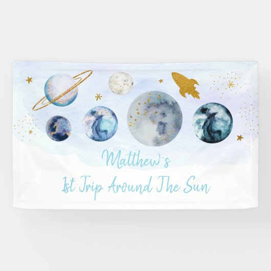 Galaxy Blue Gold Buitenspace Birthday Spandoek (Horizontaal)