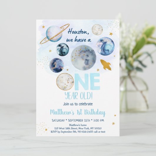 Galaxy Blue Gold Outer Space Eerste Verjaardag Kaart (Staand voorkant)