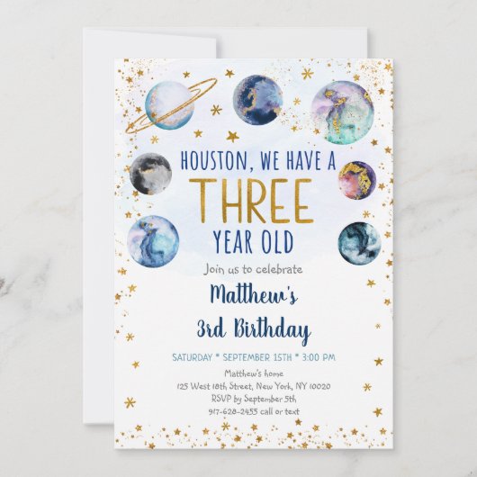 Galaxy Blue Gold Space Derde verjaardag Kaart (Voorkant)