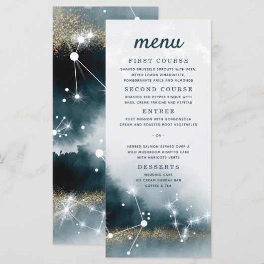 Galaxy Blue Gouden Sterren Bruiloft Menu (Voorkant / Achterkant)