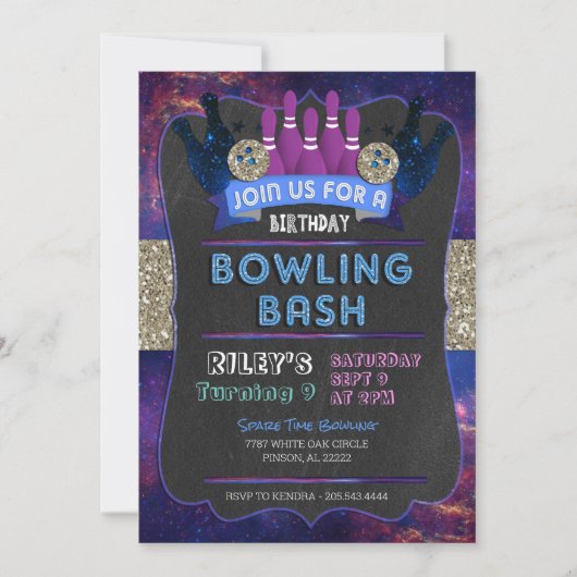 Galaxy Bowling Birthday Uitnodiging (Voorkant)