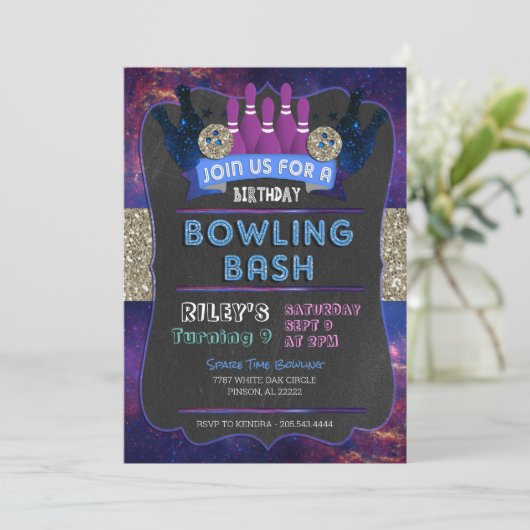 Galaxy Bowling Birthday Uitnodiging (Staand voorkant)