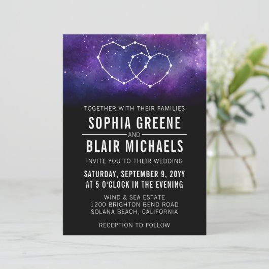 Galaxy bruiloft uitnodiging | Harten sterrenbeeld (Staand voorkant)