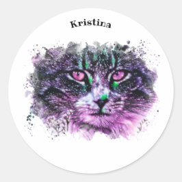 Galaxy Cat Black Paarse Green Digital Waterverf Ronde Sticker