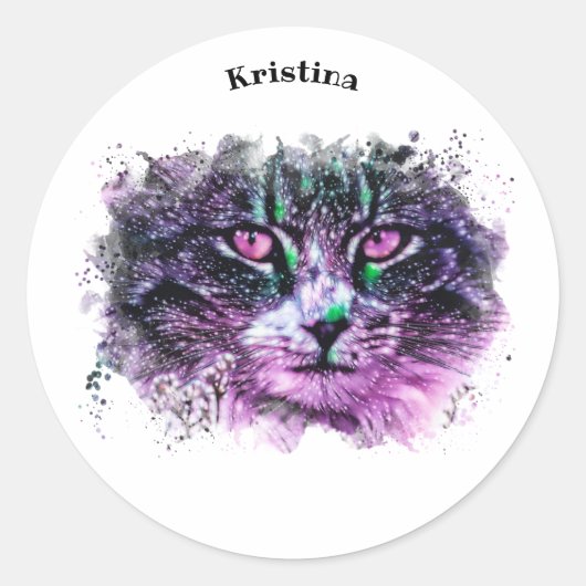 Galaxy Cat Black Paarse Green Digital Waterverf Ronde Sticker (Voorkant)