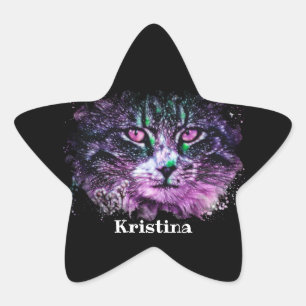 Galaxy Cat Black Paarse Green Digital Waterverf Ster Sticker