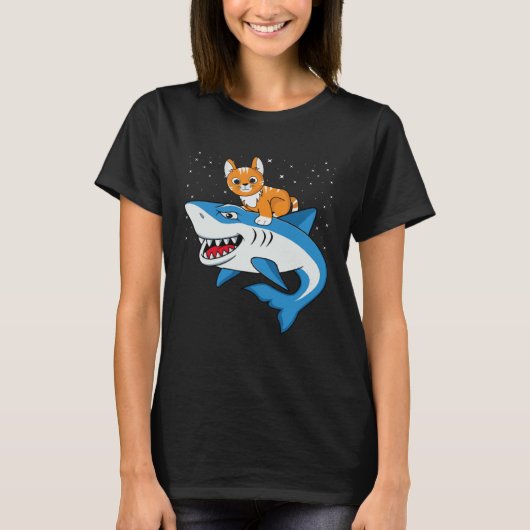 Galaxy Cat Riding Shark For Cat Astronaut Cat T-shirt (Voorkant)
