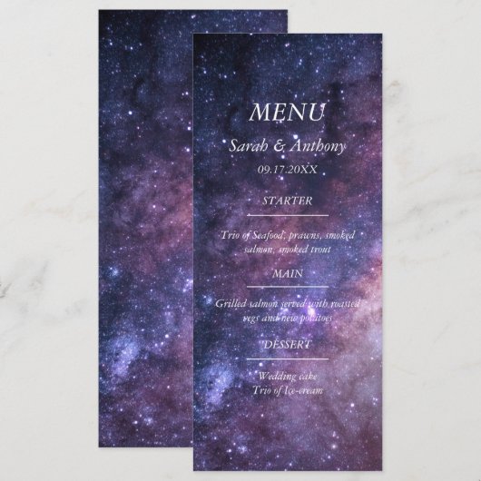 Galaxy Celestial Sterren Nacht Sky Bruiloft Eten Menu (Voorkant / Achterkant)