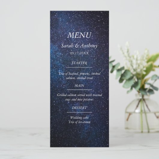 Galaxy Celestial Sterren Nacht Sky Bruiloft Eten Menu (Staand voorkant)