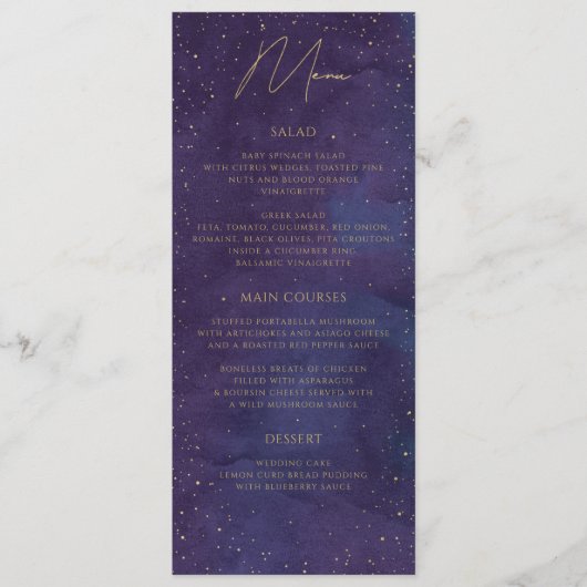 Galaxy Celestial Sterrennacht Paarse gouden bruilo Menu (Voorkant)