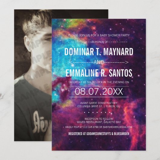 Galaxy Couple Baby shower foto uitnodigen Kaart (Voorkant / Achterkant)