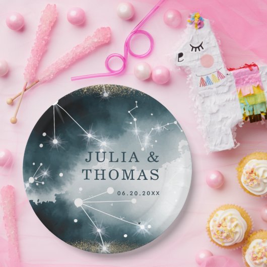 Galaxy Custom Blauw Goud Sterren Bruiloft Papieren Bordje (Feest)