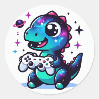 Galaxy Dinosaur met game controller Ronde Sticker
