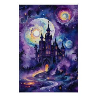 Galaxy Dreams: Mystiek Kasteel in de Paarse Hemel Perfect Poster