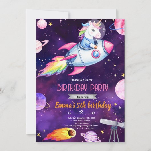 Galaxy eenhoorn verjaardagsfeest uitnodiging (Voorkant)