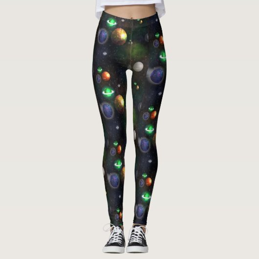 Galaxy en planeten op zwarte achtergrond leggings (Voorkant)