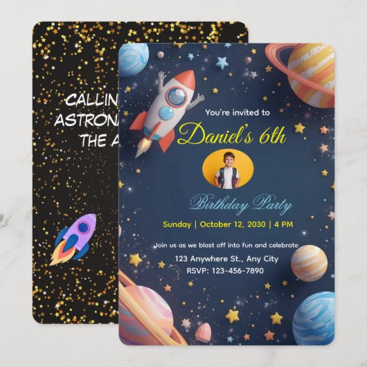 Galaxy Explorers Kids Verjaardag Uitnodiging 🚀🌌 (Voorkant / Achterkant)
