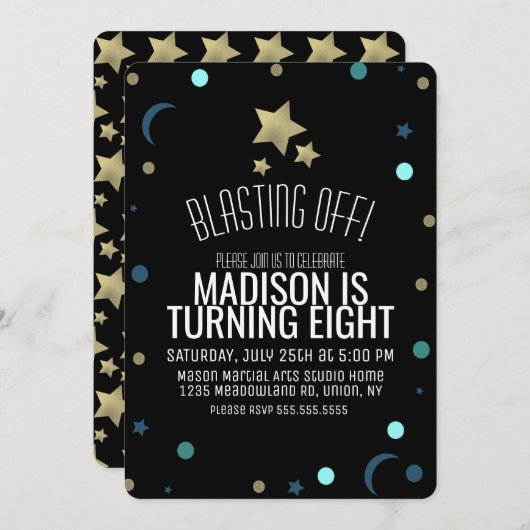 Galaxy Faux Gold Stars Confetti Space Birthday Kaart (Voorkant / Achterkant)